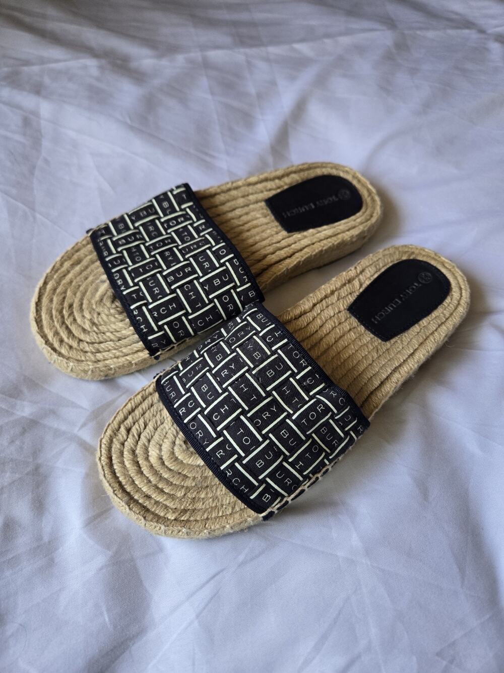 TORY BURCH Sandals Black Ribbon Espadrille Slides Womens 7.5 Coastal Hamptons